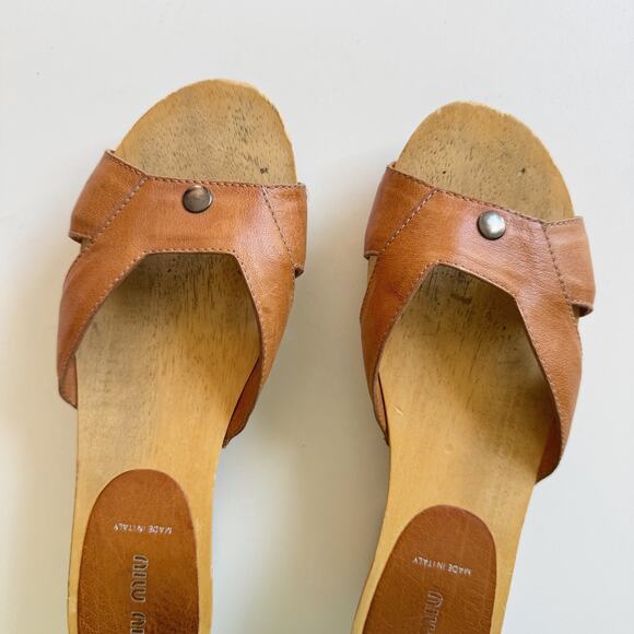 Miu Miu Brown Leather Platform Wooden Clog Sandals Size 38.5/8 - Picture 2 of 8